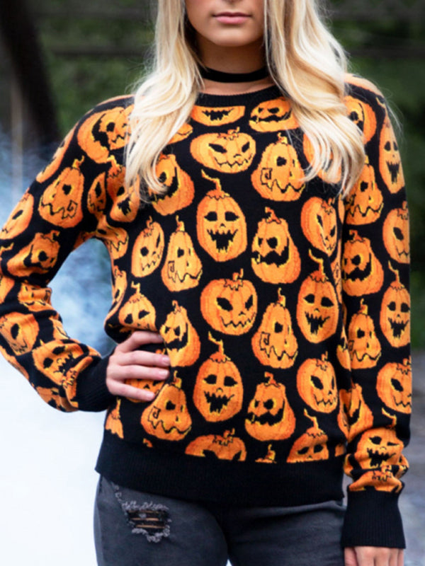 Fashionable Women’s Halloween Sweater Loose Contrast Color Pumpkin Jacquard Women’s Sweater - Black / S
