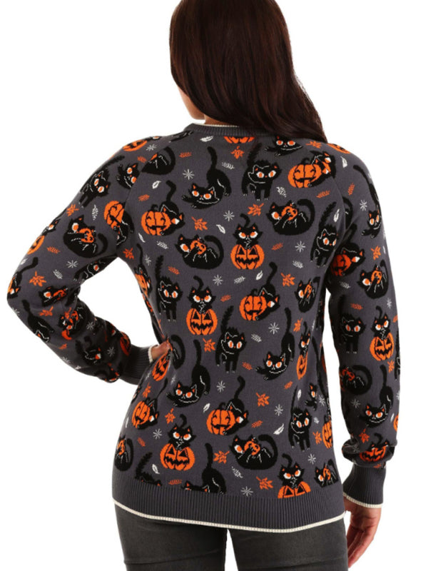 Fashionable Women’s Jacquard Sweater Halloween Loose Round Neck Pullover Women’s Sweater
