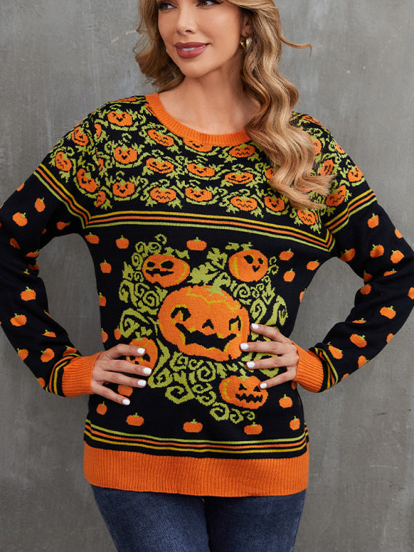 Fashionable Women’s Pumpkin Halloween Sweater Autumn Round Neck Pullover Loose Knitwear