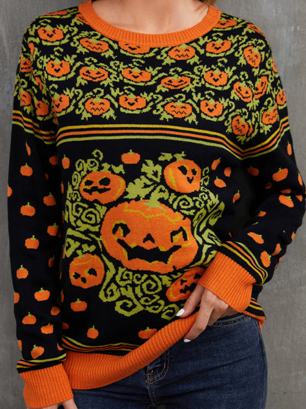Fashionable Women’s Pumpkin Halloween Sweater Autumn Round Neck Pullover Loose Knitwear - Black / S