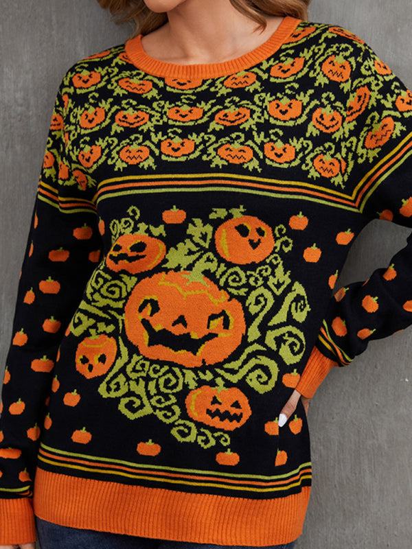 Fashionable Women’s Pumpkin Halloween Sweater Autumn Round Neck Pullover Loose Knitwear