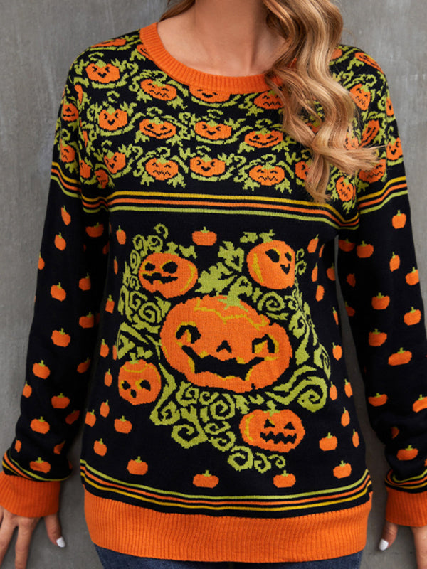 Fashionable Women’s Pumpkin Halloween Sweater Autumn Round Neck Pullover Loose Knitwear