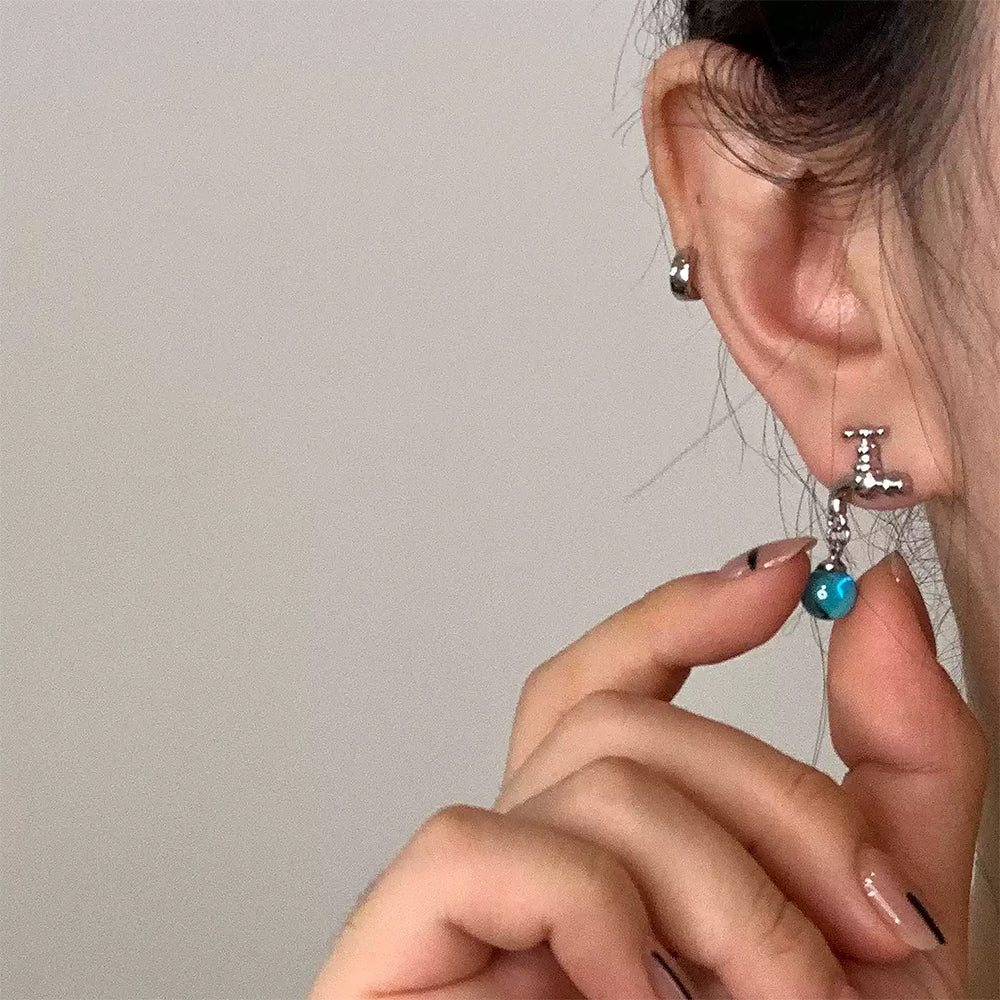 FAUCET EARRINGS: BLUE BEADS AND WATER DROPLETS