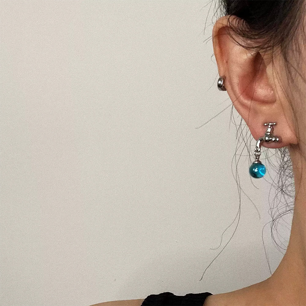 FAUCET EARRINGS: BLUE BEADS AND WATER DROPLETS