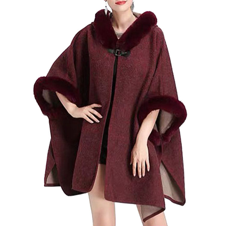 Faux Fur Hood Sleeve Trim Ruana Poncho Outwear