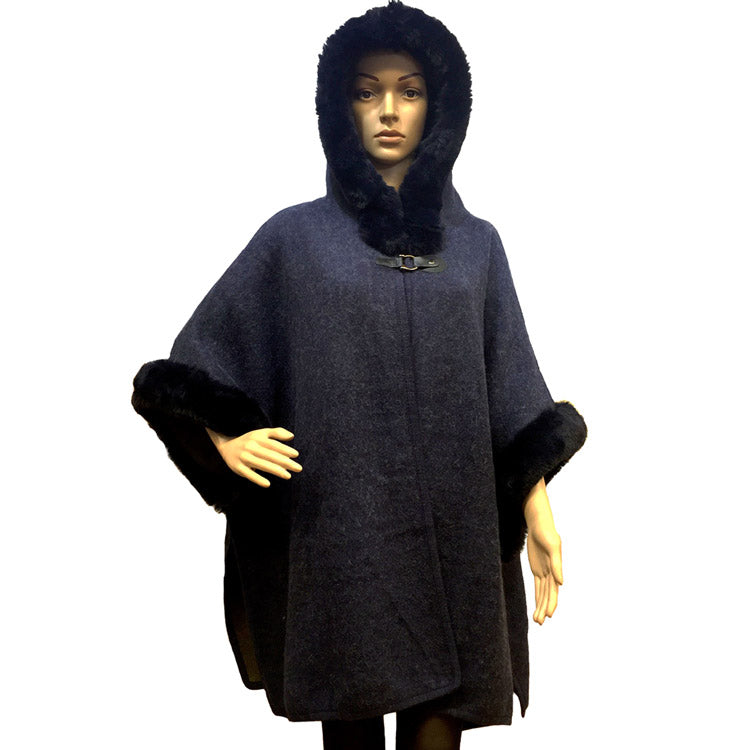 Faux Fur Hood Sleeve Trim Ruana Poncho Outwear