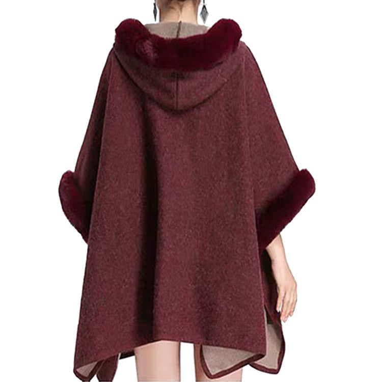 Faux Fur Hood Sleeve Trim Ruana Poncho Outwear