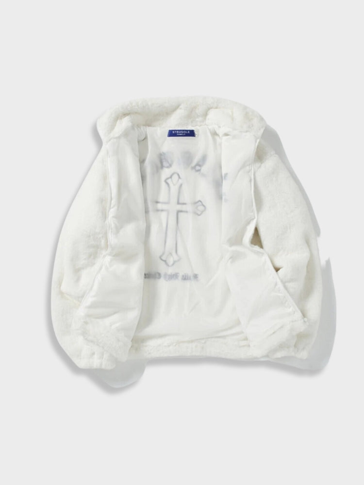 FAUX FUR JACKET WITH WHITE CROSS FOR WINTER ADVENTURES AND EVERYDAY WEAR
