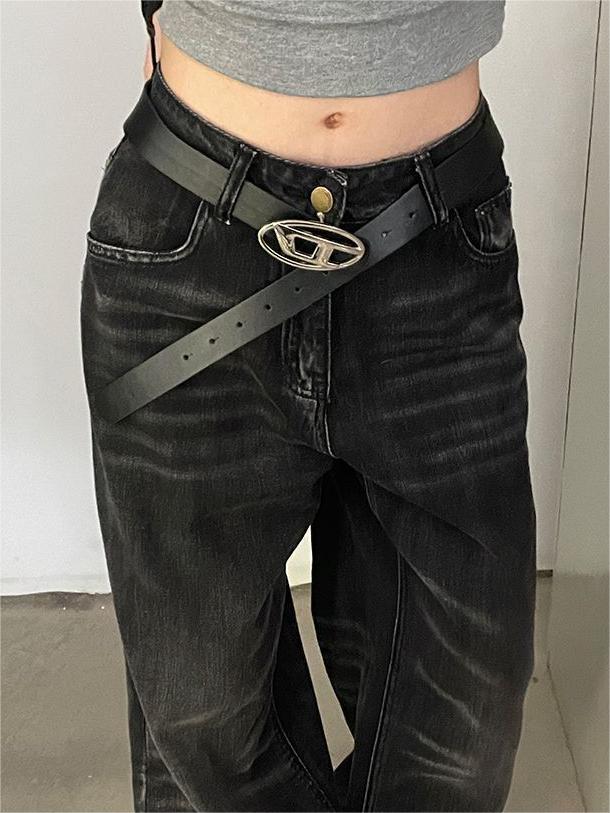 FAUX LEATHER BELT WITH SILVER D BUCKLE - BLACK FAUX LEATHER BELT