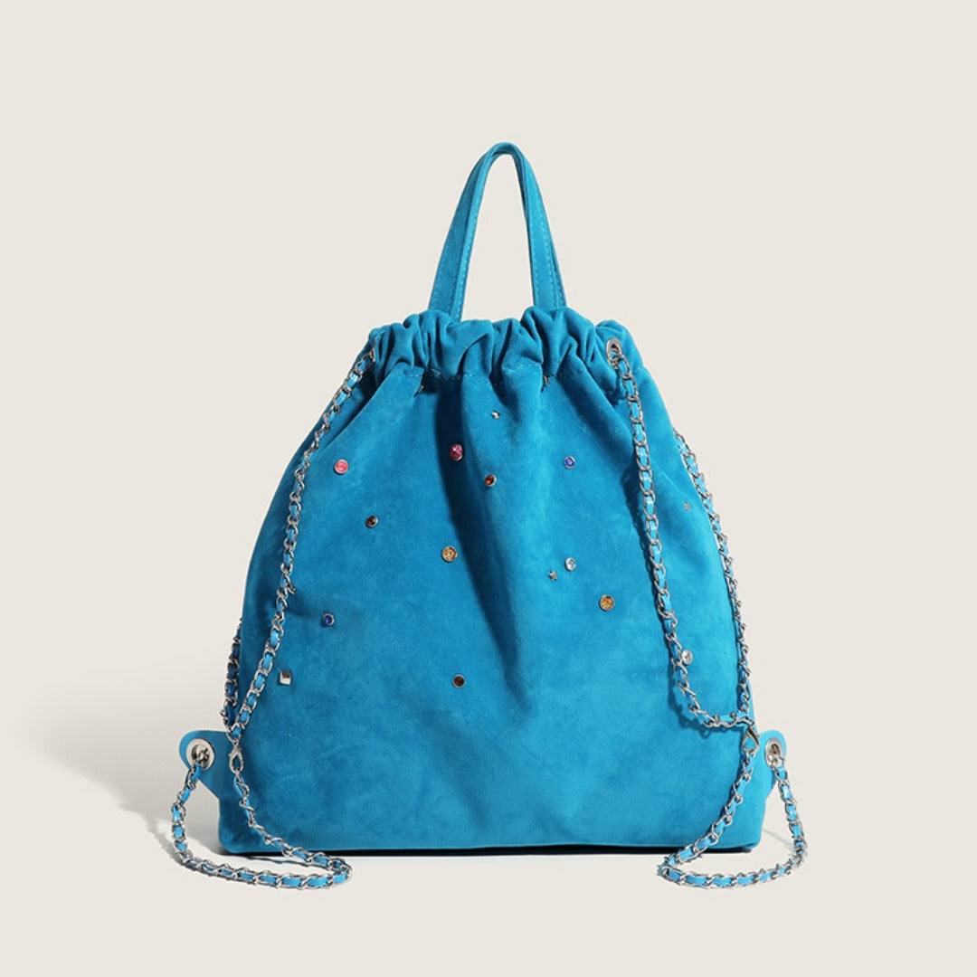 Women's bag matte suede backpack purse, splicing colored gemstone chain backpack, drawstring portable backpack