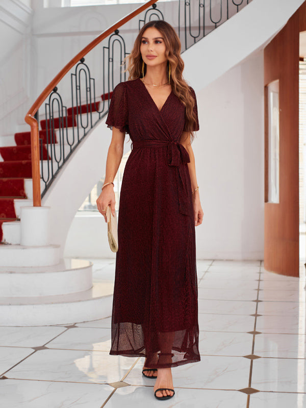 Feminine and elegant sparkling V-neck strappy dress - Wine Red / S
