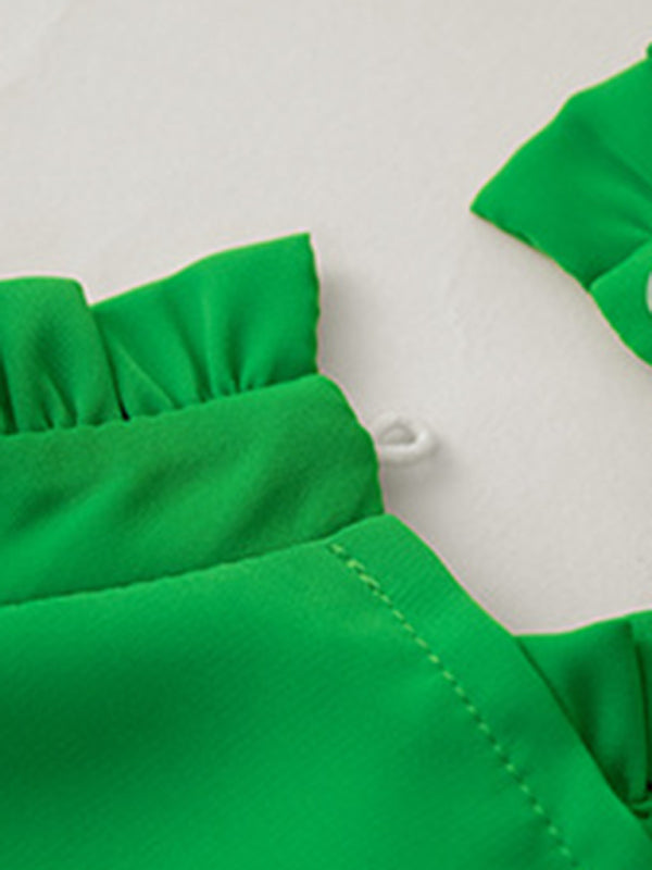 Green ruffled fabric for feminine solid color sleeveless shirt top product image