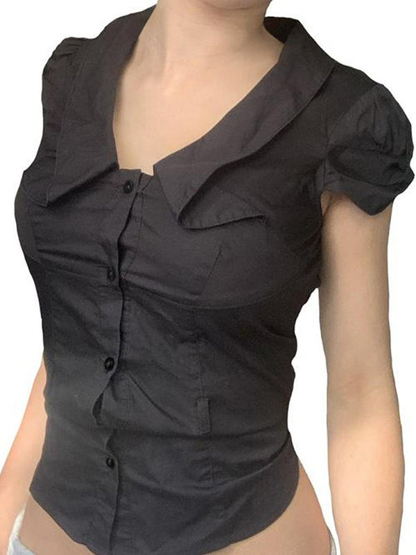 FITTED BROWN BUTTON-DOWN BLOUSE WITH COLLAR - VINTAGE SLIM FIT