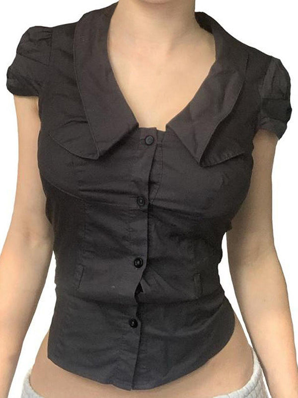 FITTED BROWN BUTTON-DOWN BLOUSE WITH COLLAR - VINTAGE SLIM FIT