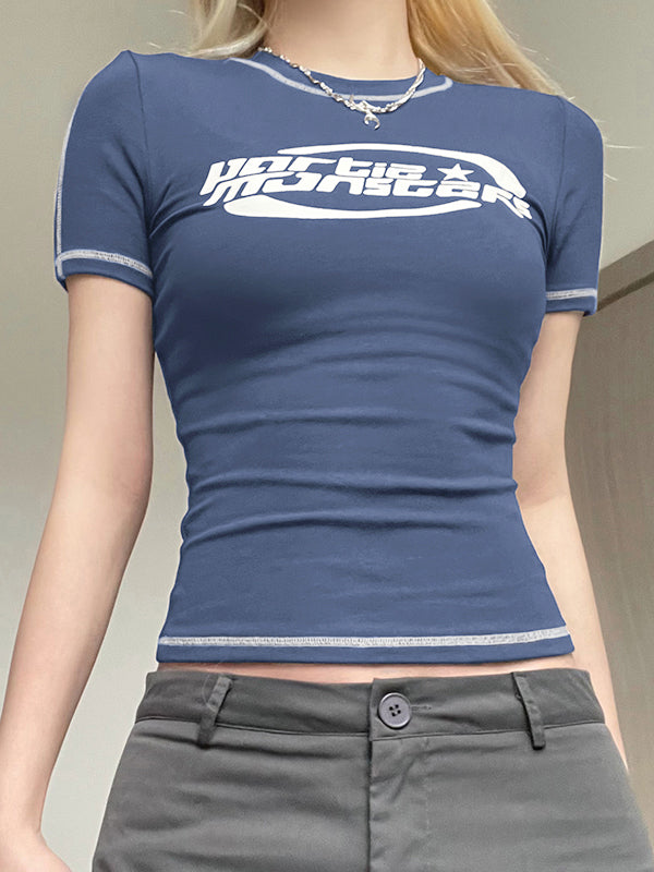 FITTED T-SHIRT BLUE EMBROIDERED SHORT SLEEVE Y2K STYLE