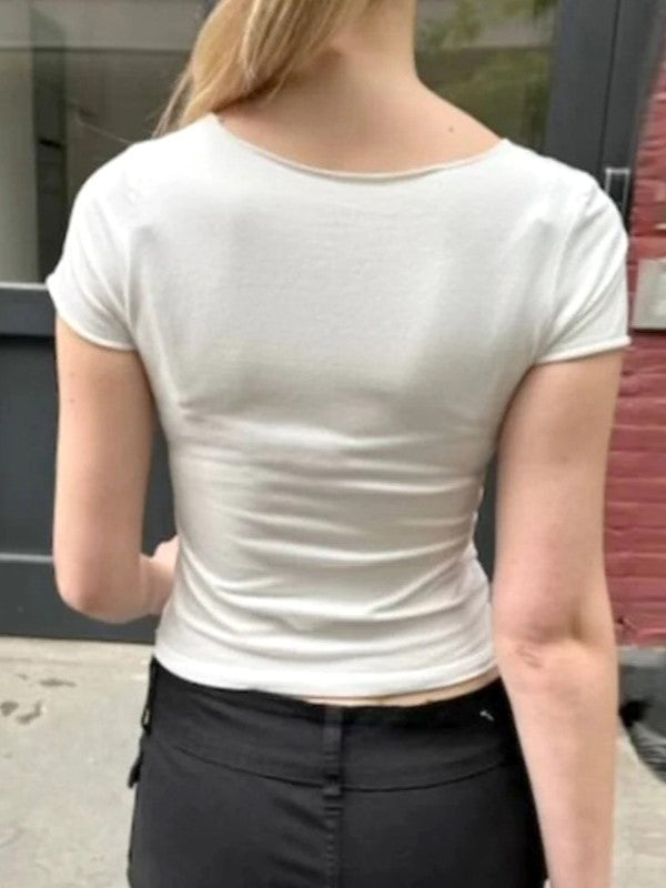 FITTED V-NECK TOP WITH DELICATE LACE EMBELLISHMENT