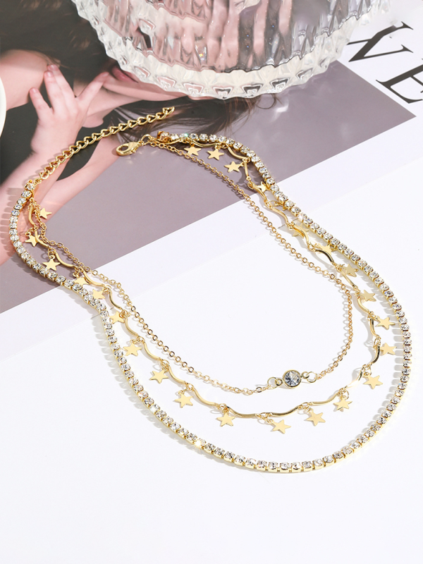 Five-pointed star stacked zircon metal necklace multi-layer necklace new style