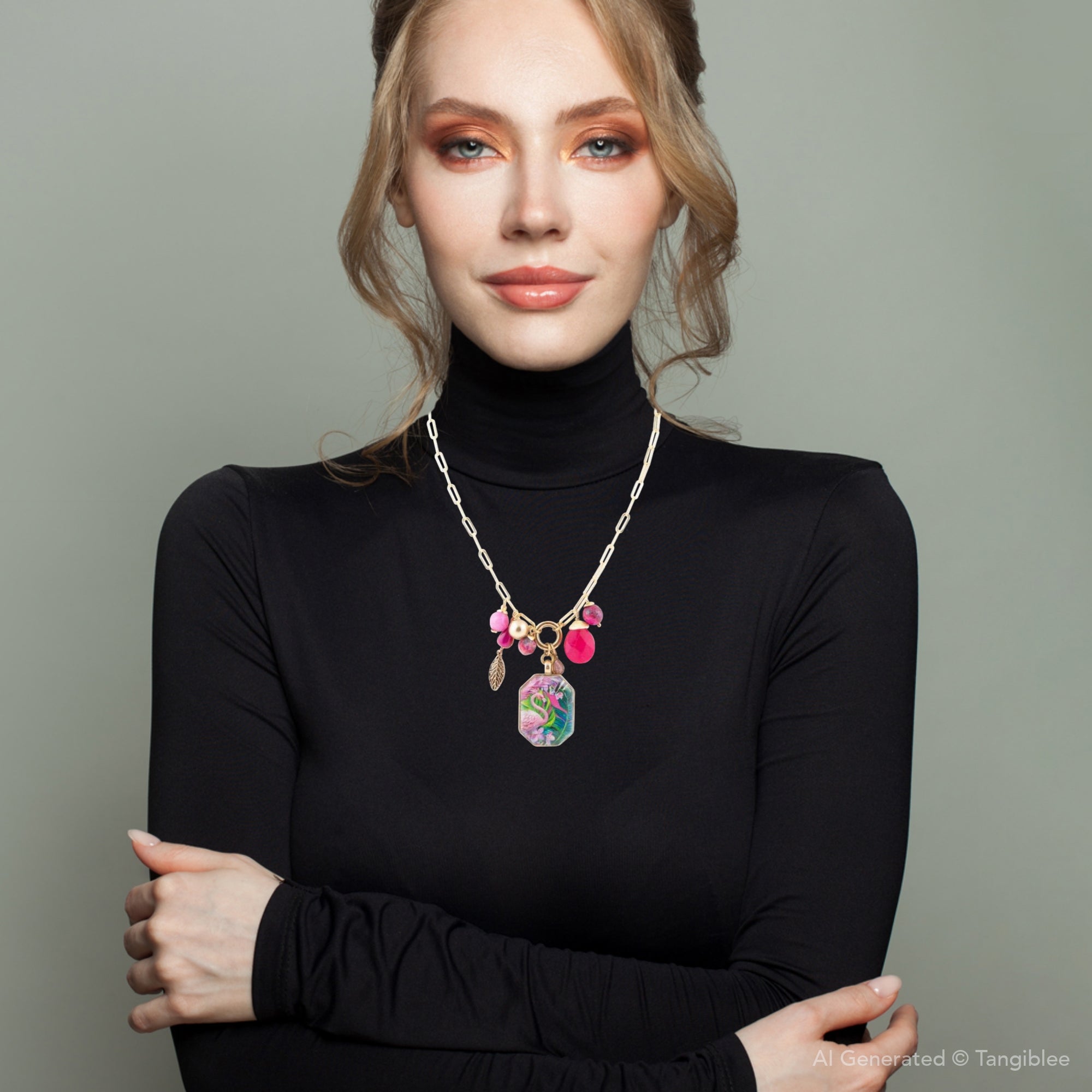 Flamingo Pink Agate Golden Pendant Necklace