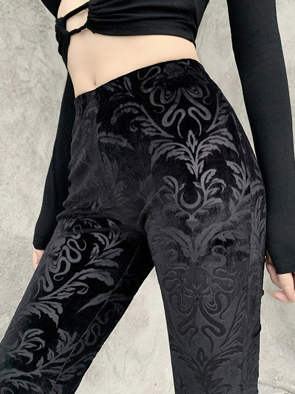 FLARED TROUSERS BLACK VELVET FLORAL FLARED FIT FOR A FLATTERING SILHOUETTE