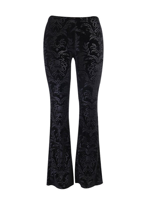 FLARED TROUSERS BLACK VELVET FLORAL FLARED FIT FOR A FLATTERING SILHOUETTE