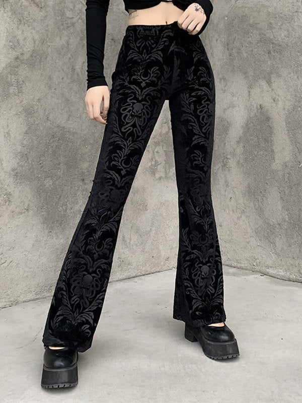 FLARED TROUSERS BLACK VELVET FLORAL FLARED FIT FOR A FLATTERING SILHOUETTE
