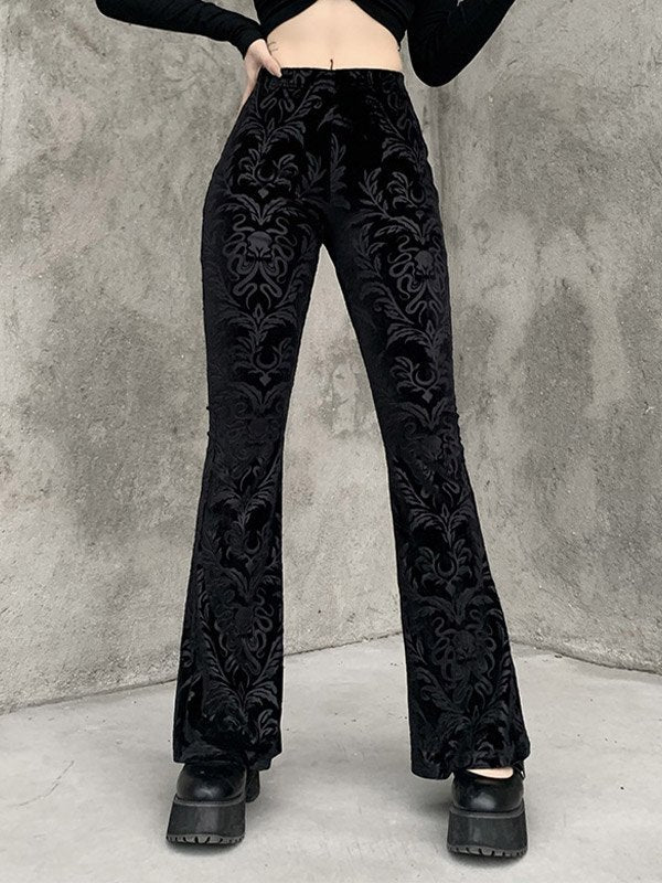 FLARED TROUSERS BLACK VELVET FLORAL FLARED FIT FOR A FLATTERING SILHOUETTE