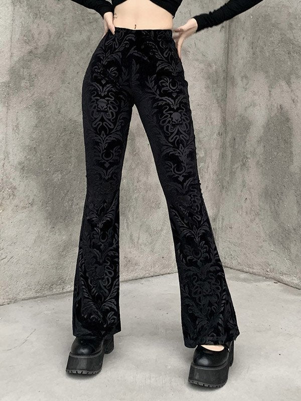 FLARED TROUSERS BLACK VELVET FLORAL FLARED FIT FOR A FLATTERING SILHOUETTE