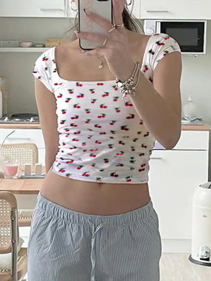 FLATTERING CROP TOP WITH WHITE CHERRY PATTERN FOR EFFORTLESS STYLE