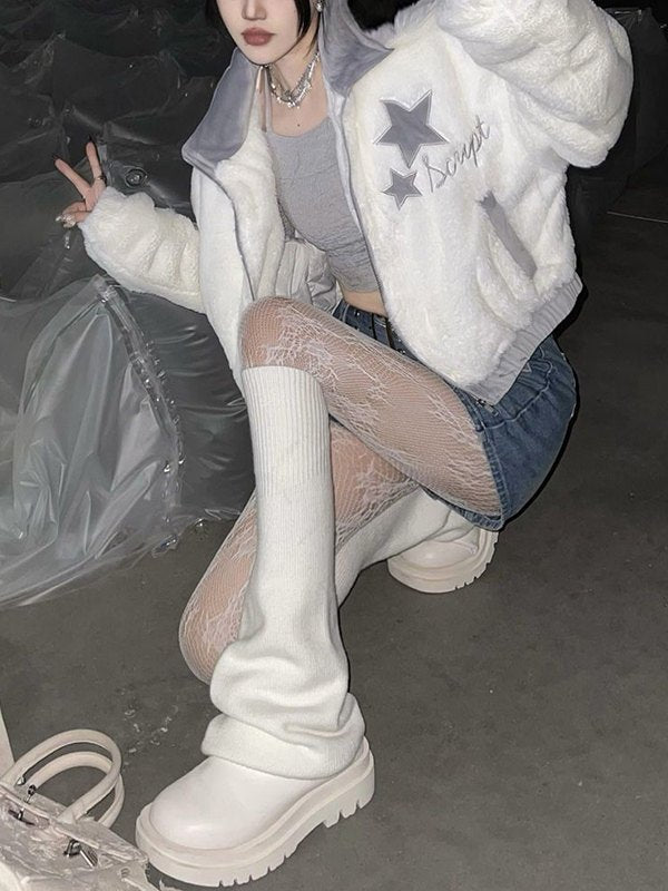 FLEECE JACKET WITH STARS AND DENIM SKIRT - WHITE Y2K RETRO FLEECE