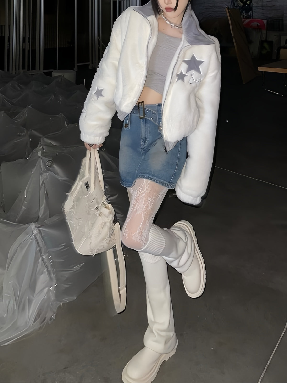 FLEECE JACKET WITH STARS AND DENIM SKIRT - WHITE Y2K RETRO FLEECE