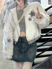 FLEECE JACKET WITH STARS AND DENIM SKIRT - WHITE Y2K RETRO FLEECE