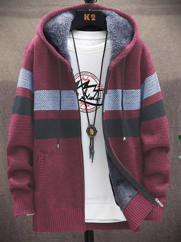 Fleece sweater cardigan Contrast color jacket youth slim fit trendy hooded jacket - Red / S