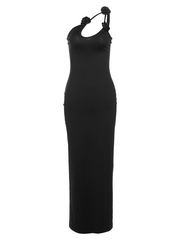 FLORAL ACCENT GOWN WITH ASYMMETRIC SHOULDER DESIGN