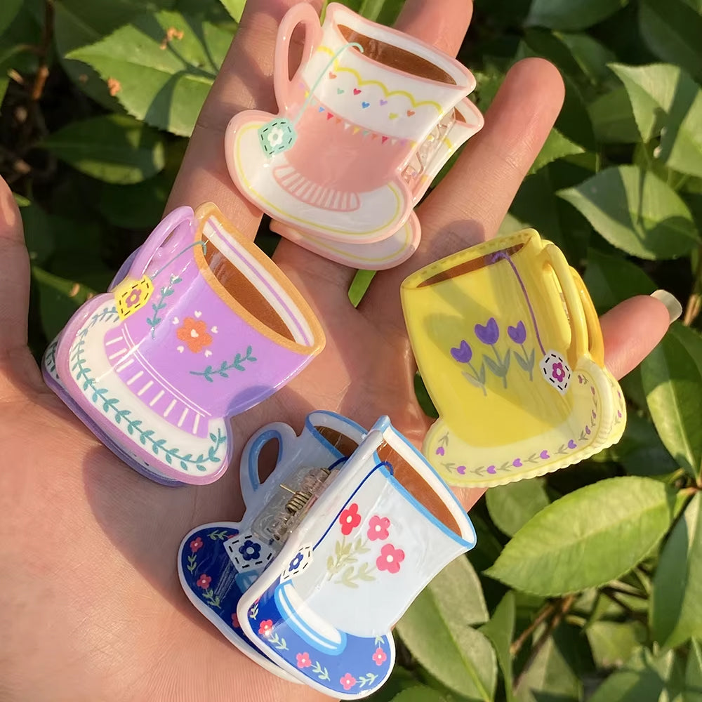 FLORAL ACRYLIC TEA CUP HAIR CLAW CLIP