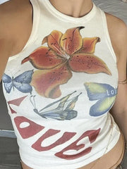 FLORAL AND BUTTERFLY PRINT TANK TOP Y2K WHITE SLIM TANK