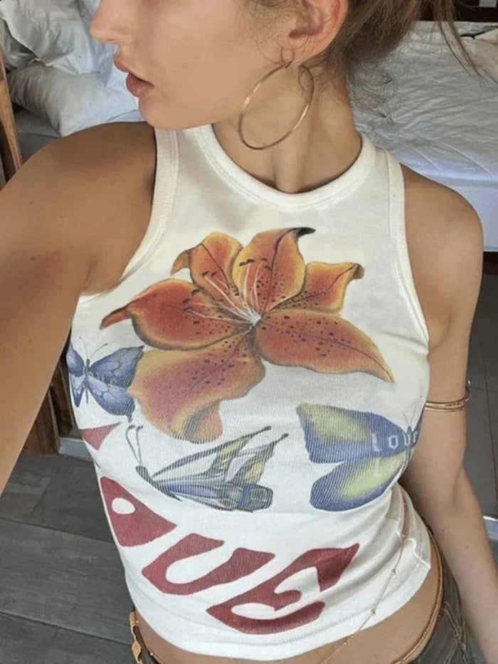 FLORAL AND BUTTERFLY PRINT TANK TOP Y2K WHITE SLIM TANK