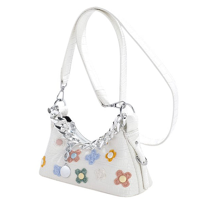 FLORAL APPLIQUÉS SHOULDER BAG WHITE FAUX LEATHER CHAIN DETAIL
