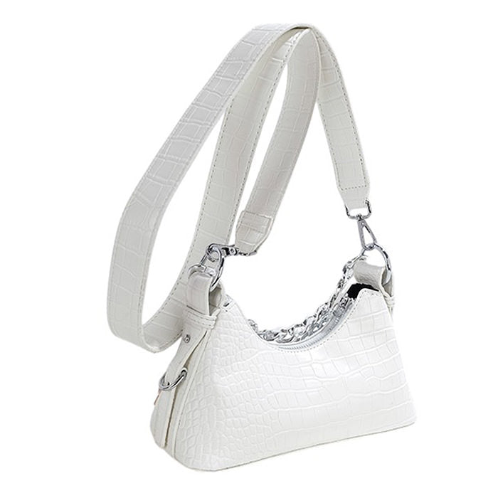 FLORAL APPLIQUÉS SHOULDER BAG WHITE FAUX LEATHER CHAIN DETAIL