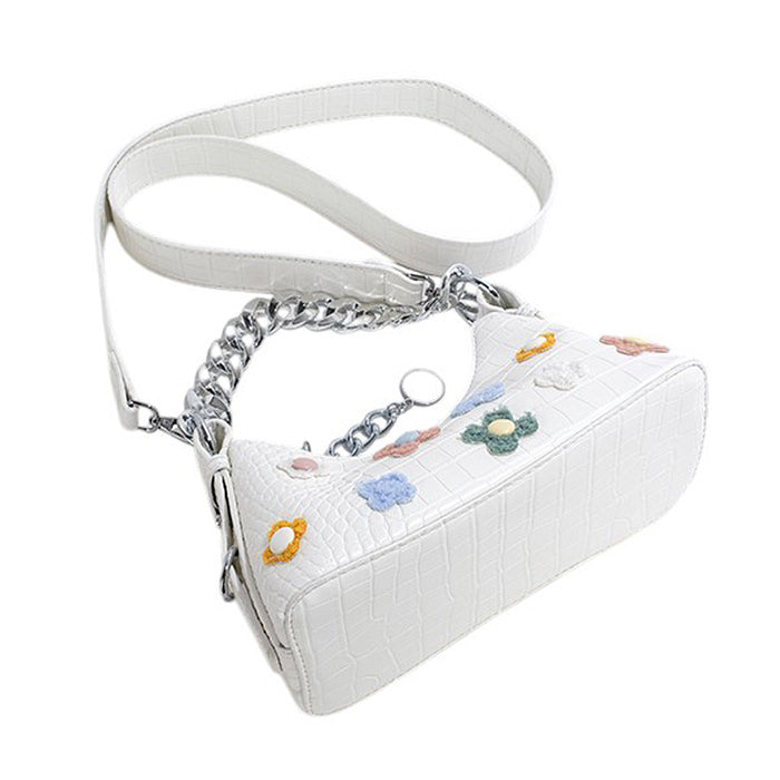 FLORAL APPLIQUÉS SHOULDER BAG WHITE FAUX LEATHER CHAIN DETAIL