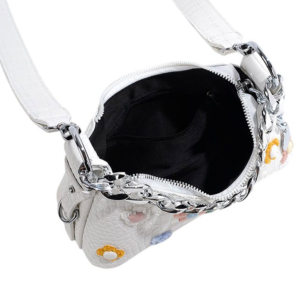 FLORAL APPLIQUÉS SHOULDER BAG WHITE FAUX LEATHER CHAIN DETAIL
