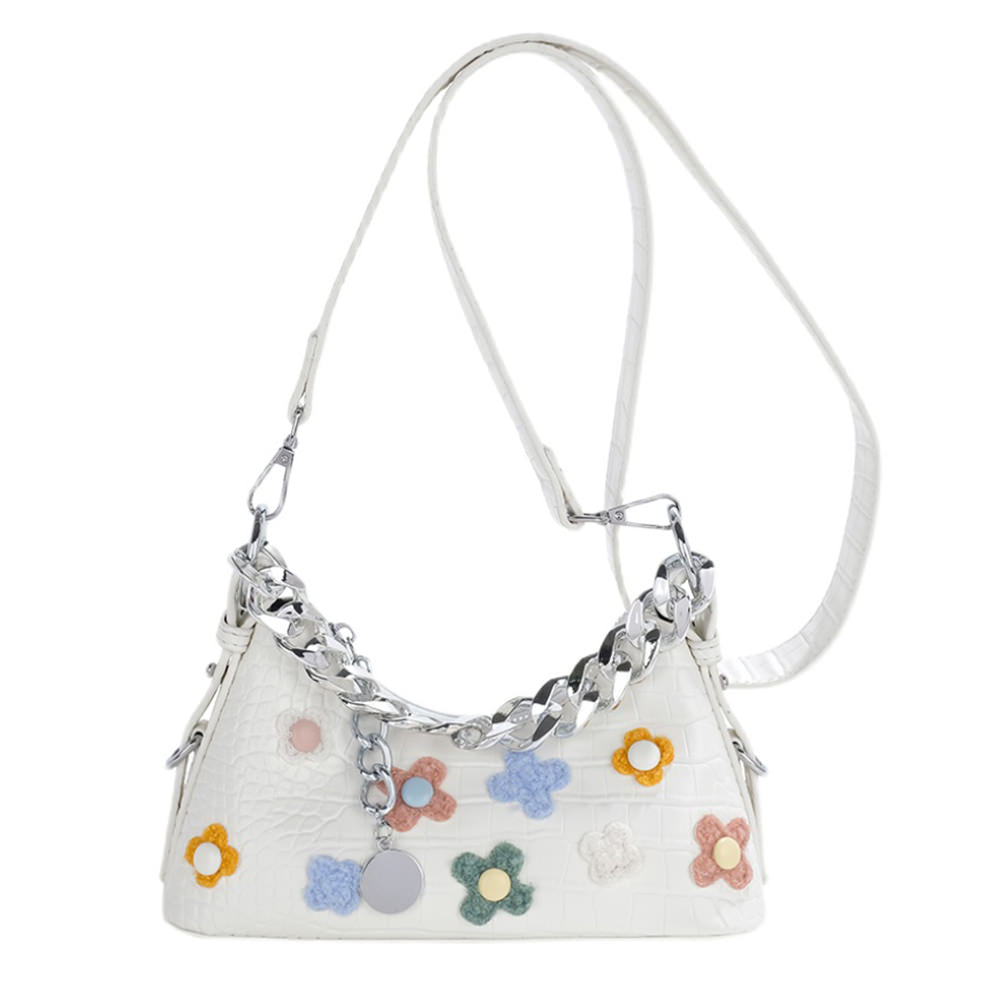 FLORAL APPLIQUÉS SHOULDER BAG WHITE FAUX LEATHER CHAIN DETAIL
