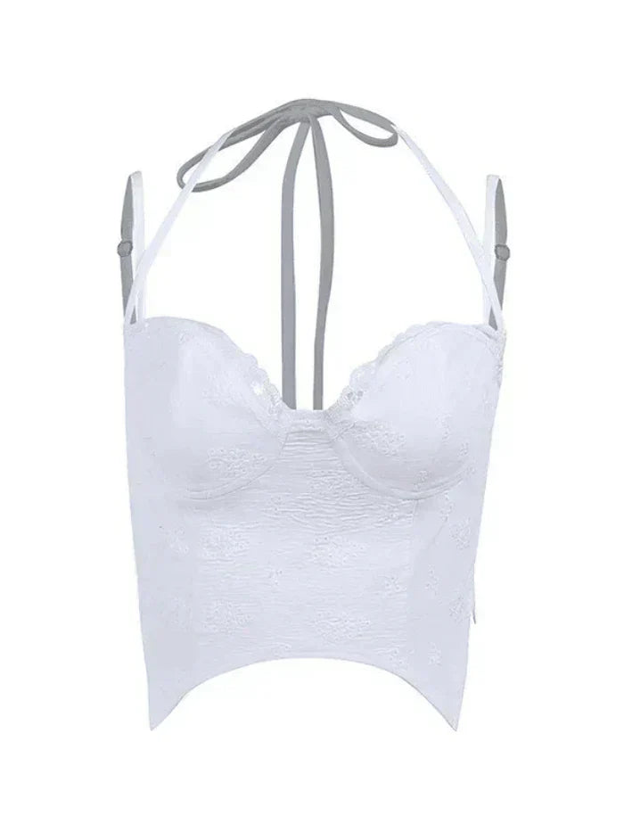 FLORAL ASYMMETRIC CORSET TOP WITH WHITE LACE TRIM