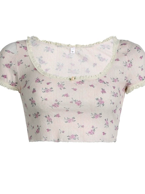 FLORAL CROP TOP WITH LACE TRIM IN DARK BLUE DIGITAL PRINT