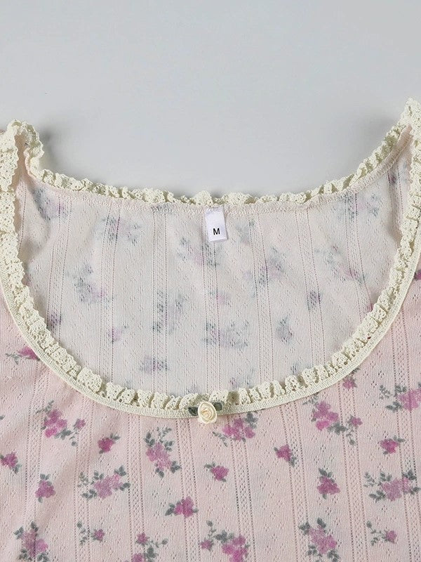 FLORAL CROP TOP WITH LACE TRIM IN DARK BLUE DIGITAL PRINT