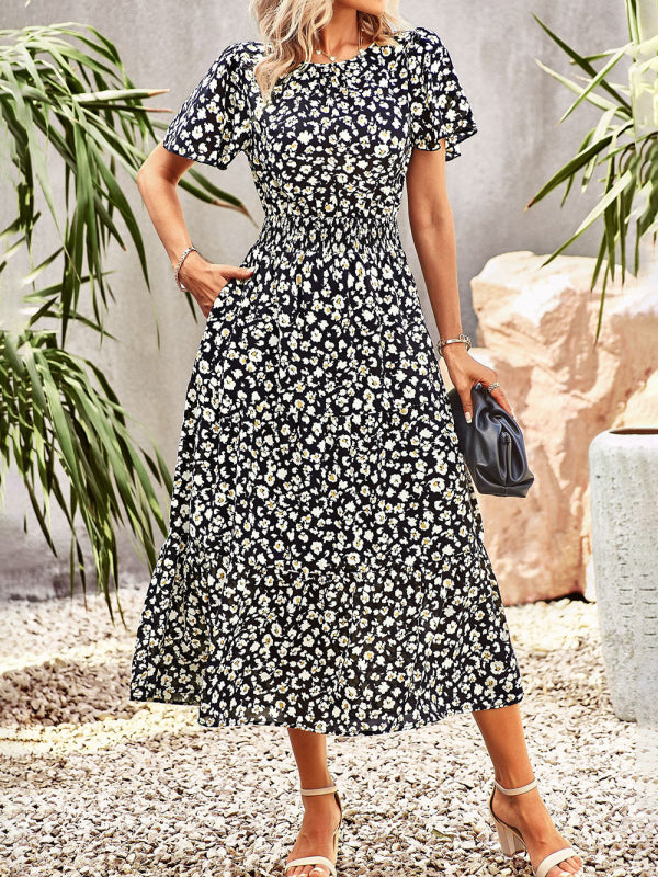 Floral Dress 2023 Summer Temperament Elegant Waist Short Sleeve Long Dress - Black / S