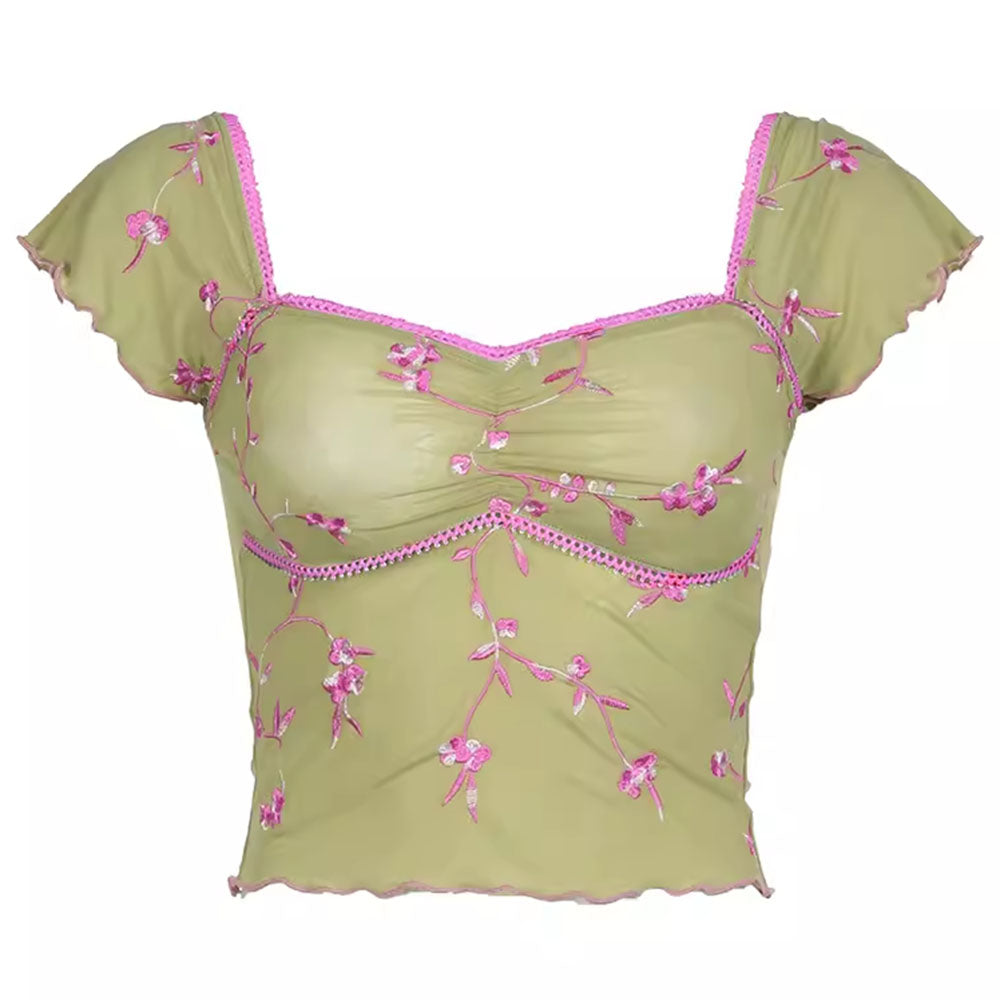 FLORAL EMBROIDERED MESH TOP WITH PINK TRIM CASUAL VINTAGE LONG SLEEVE