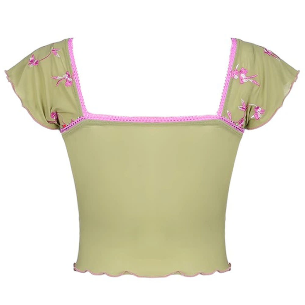 FLORAL EMBROIDERED MESH TOP WITH PINK TRIM CASUAL VINTAGE LONG SLEEVE