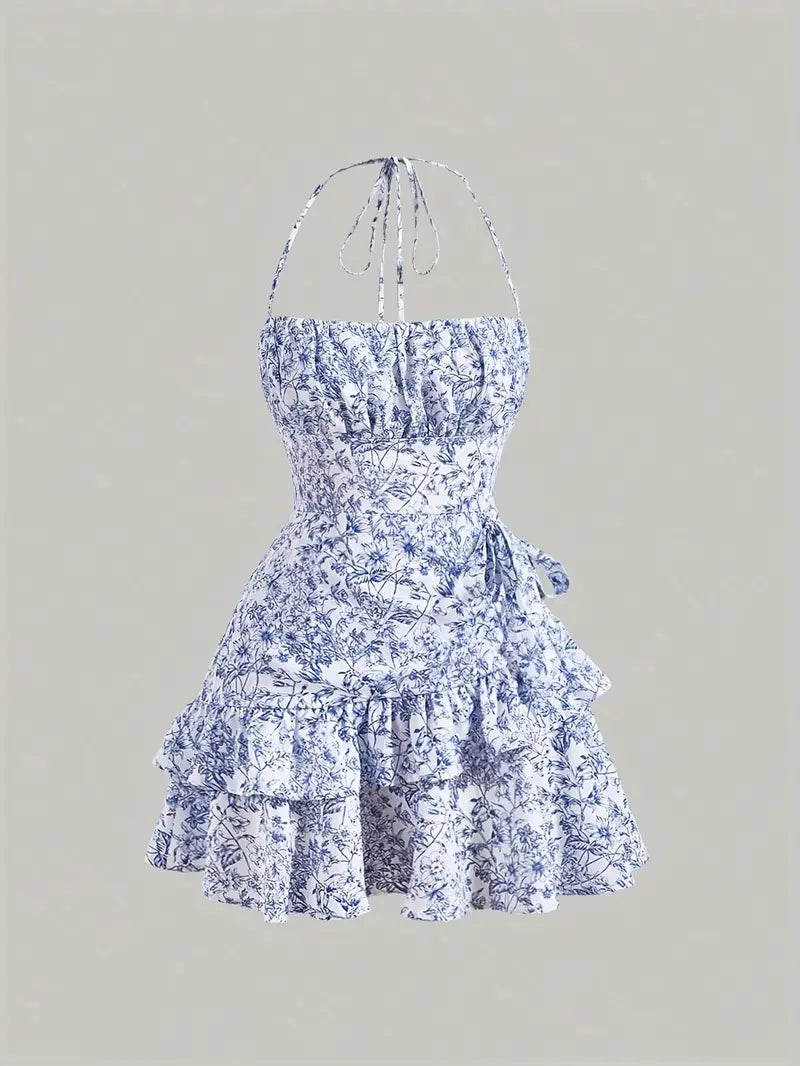 FLORAL HALTER DRESS FRENCH FLORAL MINI DRESS