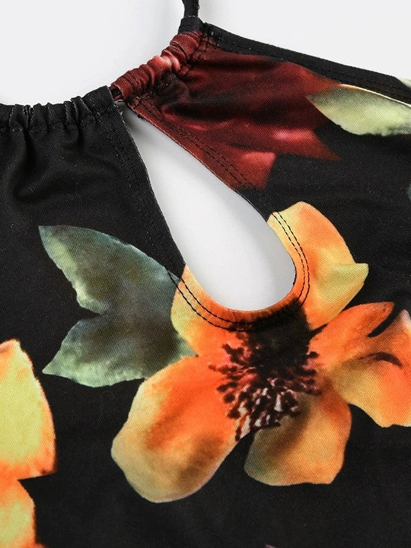FLORAL HALTER TOP CAMI WITH FLORAL PATTERN DESIGN