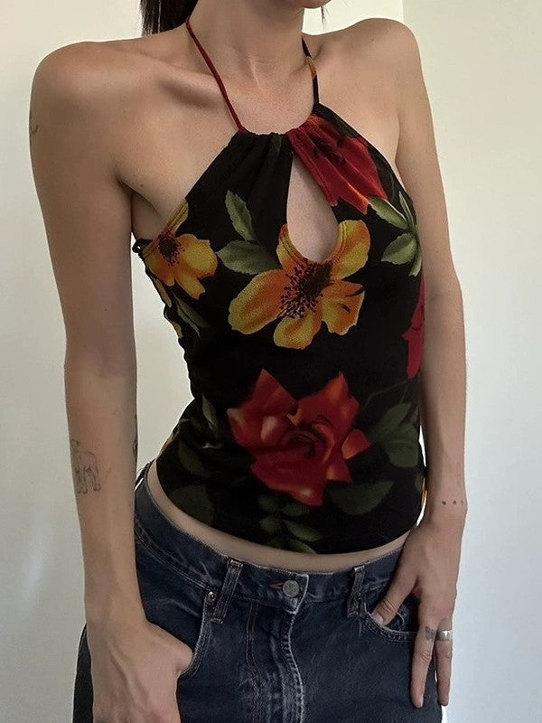 FLORAL HALTER TOP CAMI WITH FLORAL PATTERN DESIGN